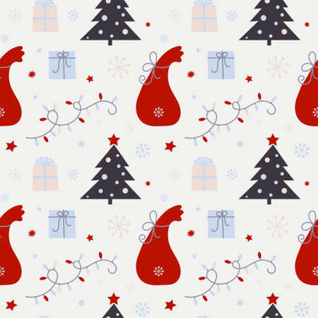 Christmas seamless pattern with gifts, christmas tree, garland and snowflakes. Can be used for fabric, wrapping paper, scrapbooking, textile, poster, web, banner and other christmas design. Flat style.のイラスト素材