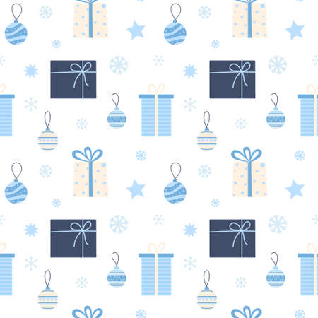 Christmas seamless pattern with gifts, christmas ball and snowflakes.のイラスト素材