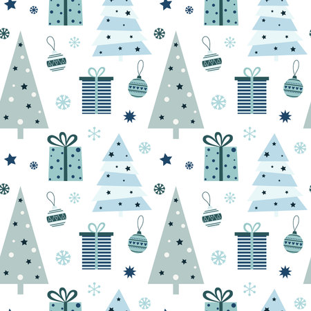 Christmas seamless pattern with gifts, christmas tree, ball and snowflakes. Can be used for fabric, wrapping paper, scrapbooking, textile, poster, banner and other christmas design. Flat style.のイラスト素材