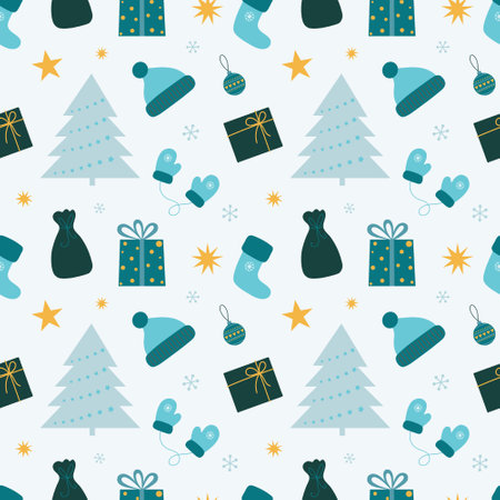 Christmas seamless pattern with gifts, christmas tree, ball and snowflakes. Can be used for fabric, wrapping paper, scrapbooking, textile, poster, banner and other christmas design. Flat style.のイラスト素材