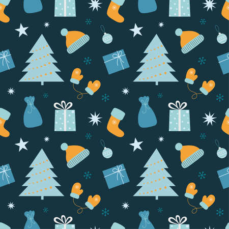 Christmas seamless pattern with gifts, christmas tree, ball and snowflakes.  Flat style.のイラスト素材