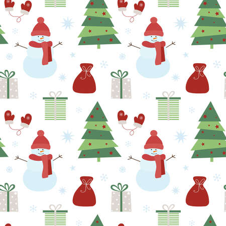 Christmas seamless pattern with snowman, gifts, christmas tree and snowflakes. Can be used for fabric, wrapping paper, scrapbooking, textile, poster, banner and other christmas design. Flat style.のイラスト素材