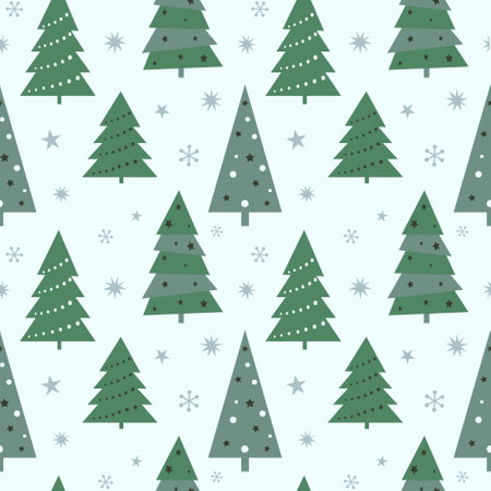 Christmas seamless pattern with christmas tree and snowflakes. Can be used for fabric, wrapping paper, scrapbooking, textile, poster, banner and other christmas design. Flat style.のイラスト素材