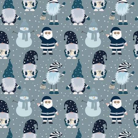 Christmas seamless pattern with scandinavian gnomes, santa claus and snowflakes. Can be used for fabric, wrapping paper, scrapbooking, textile, poster, banner and other christmas design. Flat style.のイラスト素材