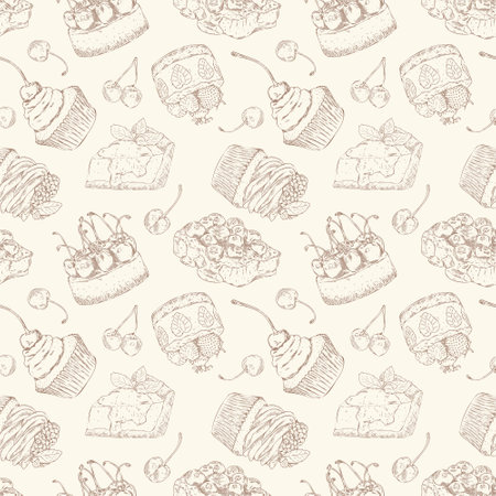 Vector seamless pattern with hand drawn outline cheesecake and cupcake with fresh berries. Can be used for printing, textiles, packaging paper and sweet bakery menu.のイラスト素材