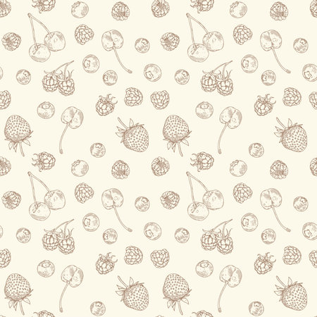 Vector seamless pattern with cherry, strawberry, raspberry and blueberry. Outline vector vintage...