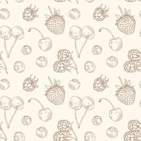 Vector seamless pattern with cherry, strawberry, raspberry and blueberry. Outline vector vintage illustration of berries. Can be used for printing, textiles, packaging paper and summer decor.のイラスト素材