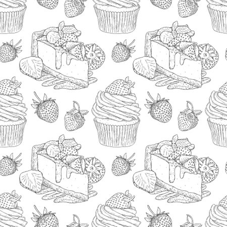 Vector seamless pattern with hand drawn outline cheesecake and cupcake with strawberry. Can be used for printing, textiles, packaging paper and sweet bakery menu.のイラスト素材