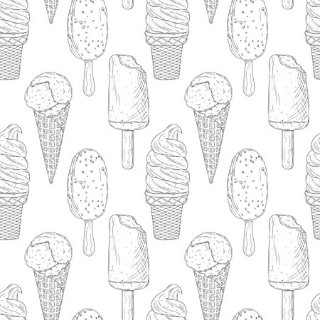 Vector seamless pattern with hand drawn outline different ice cream. Can be used for printing, textiles, packaging paper and dessert menu.のイラスト素材