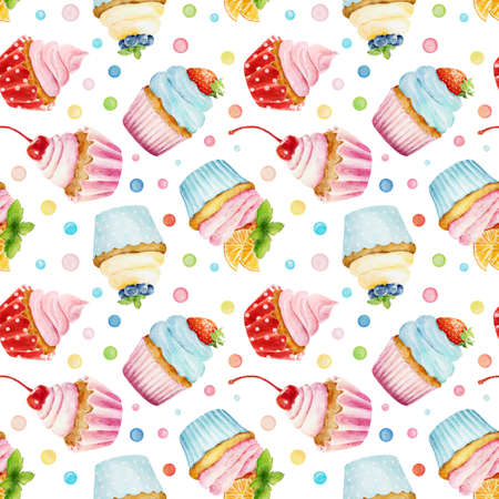 Seamless pattern with watercolor cupcakes isolated on white background. Hand drawn watercolor illustration. Can be used for wrapping paper, textile, wallpaper, cards and sweet bakery menu.の写真素材