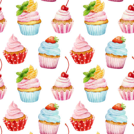 Seamless pattern with watercolor cupcakes isolated on white background. Hand drawn watercolor illustration. Can be used for wrapping paper, textile, wallpaper, cards and sweet bakery menu.の写真素材
