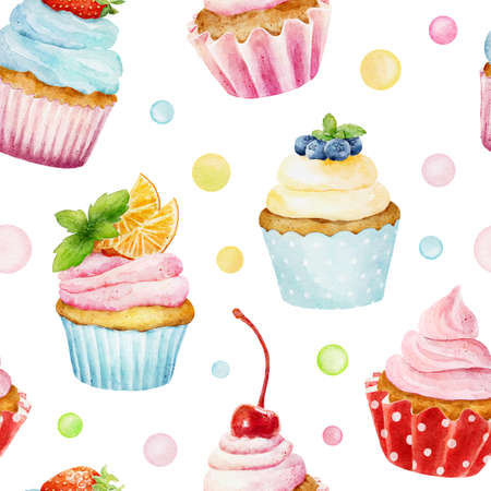 Seamless pattern with watercolor cupcakes isolated on white background. Hand drawn watercolor illustration. Can be used for wrapping paper, textile, wallpaper, cards and sweet bakery menu.の写真素材