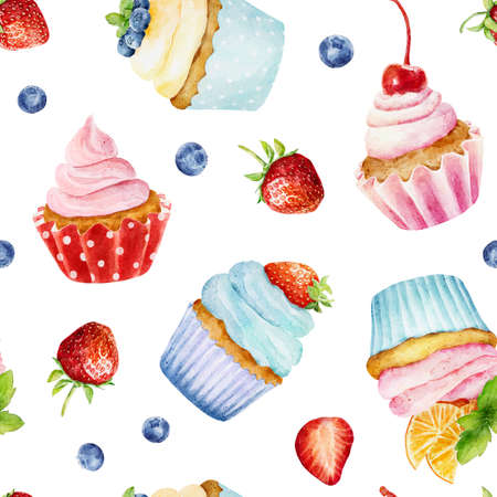 Seamless pattern with watercolor cupcake and fresh blueberry and strawberry isolated on white background. Hand drawn watercolor illustration. Can be used for textile, wrapping paper, design scrap book paper, invitations and other.の写真素材