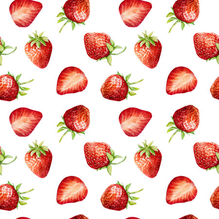 Seamless pattern with watercolor fresh strawberry isolated on white background. Hand drawn watercolor illustration. Can be used for textile, wrapping paper, design scrap book paper, invitations and other.の写真素材