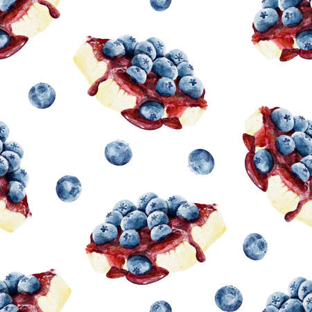 Seamless pattern with watercolor cheesecake and blueberry isolated on white background. Hand drawn watercolor illustration.の写真素材