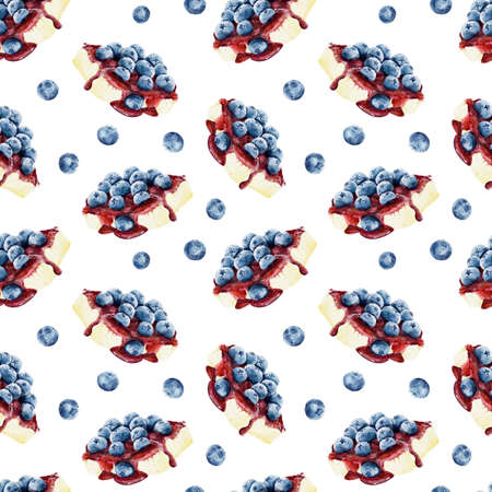 Seamless pattern with watercolor cheesecake and blueberry isolated on white background. Hand drawn watercolor illustration.の写真素材