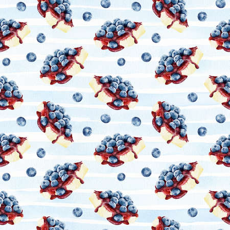 Seamless pattern with watercolor cheesecake and blueberry on striped background. Hand drawn watercolor illustration.の写真素材