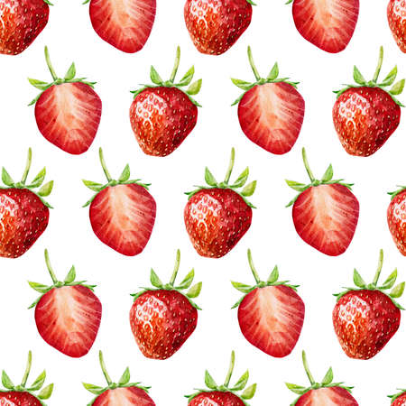 Seamless pattern with watercolor strawberry isolated on white background. Hand drawn watercolor illustration. Can be used for textile, wrapping paper, design scrap book paper, invitations and other.の写真素材