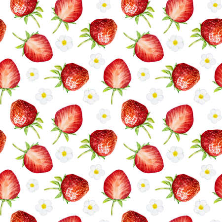 Seamless pattern with watercolor strawberry isolated on white background. Hand drawn watercolor illustration. Can be used for textile, wrapping paper, design scrap book paper, invitations and other.の写真素材