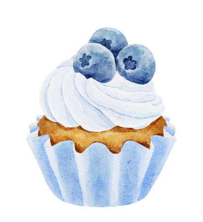 Watercolor delicious cupcake with blueberry and fresh mint isolated on white background. Hand drawn illustration for design of menu, cafe, advertisement etc.の写真素材
