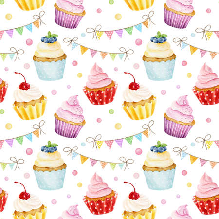 Seamless pattern with watercolor cupcakes isolated on white background. Hand drawn watercolor illustration. Can be used for wrapping paper, textile, wallpaper, cards and sweet bakery menu.の写真素材