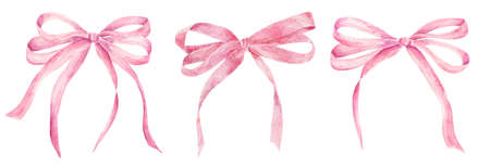 Set of watercolor pink bows isolated on white background. Hand painted watercolor illustration.の写真素材