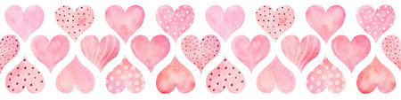 Watercolor horizontal seamless pattern with hearts isolated on white background. Hand drawn watercolor illustration.の写真素材