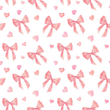 Watercolor seamless pattern with hearts and bows isolated on white background. Hand drawn watercolor illustration. Can be used for wrapping paper, textile, wallpaper, cards etc.の写真素材
