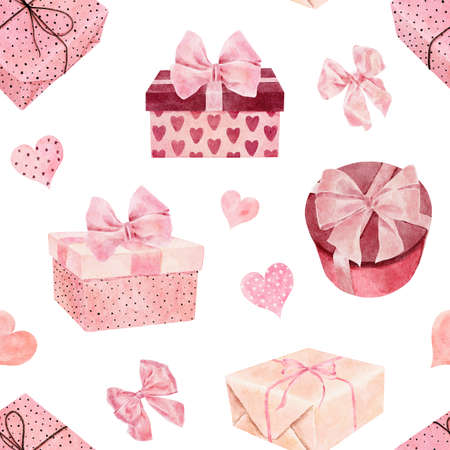 Watercolor seamless pattern with gift boxes, bows and hearts isolated on white background. Valentine's Day concept. Hand drawn watercolor illustration.の写真素材