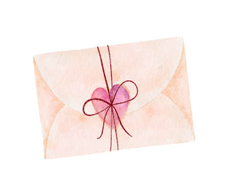 Watercolor envelope with pink heart isolated on white background; can be used for valentine's day, greeting cards and invitations. Hand drawn watercolor illustration.の写真素材