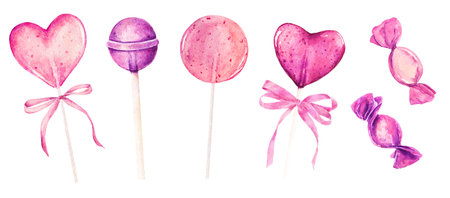 Set of watercolor lollipops and candy isolated on white background. Hand drawn watercolor illustration.の写真素材