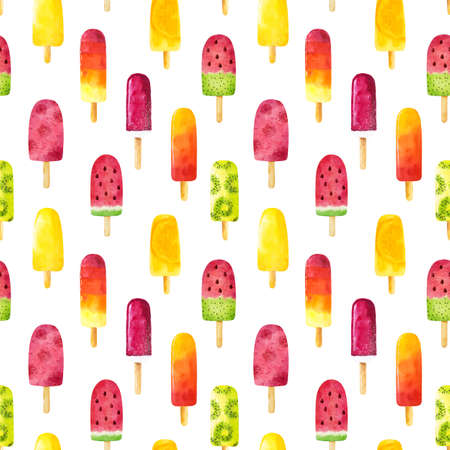 Seamless pattern with watercolor ice cream isolated on white background. Can be used for textile, wrapping paper, design menu, scrap book paper, invitations and other. Hand drawn watercolor illustration.の写真素材