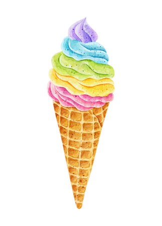 Watercolor colorful rainbow ice cream in waffle cone isolated on white background. Hand drawn watercolor illustration.の写真素材