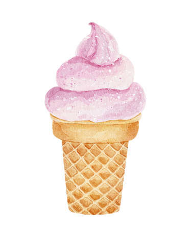 Watercolor ice cream in waffle cup isolated on white background. Hand drawn watercolor illustration.の写真素材