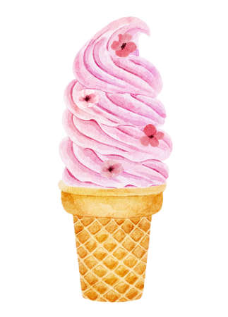 Watercolor ice cream with decorative flowers in waffle cup isolated on white background. Hand drawn watercolor illustration.の写真素材