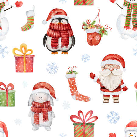 Watercolor Christmas pattern with snowman, rabbit, Santa Claus and other christmas elements isolated on white background. Can be used for wrapping paper, textile, wallpaper, cards.の写真素材