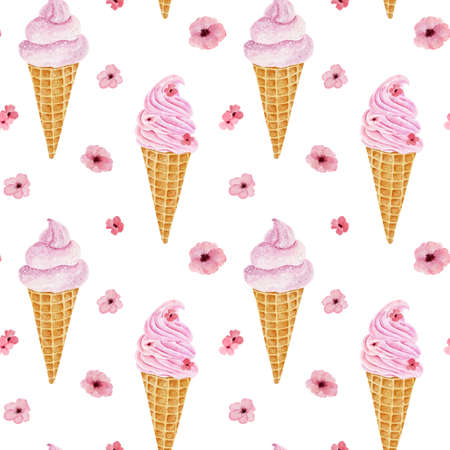 Seamless pattern with watercolor ice cream isolated on white background. hand painted watercolor illustration.の写真素材