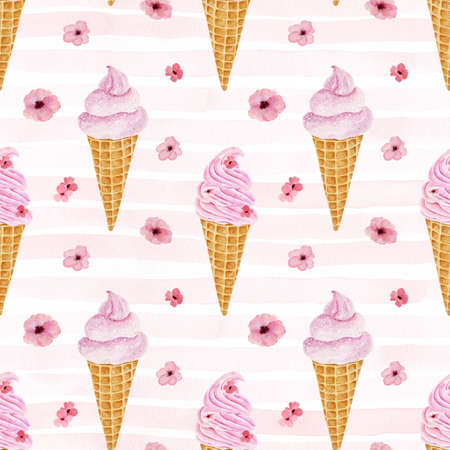 Seamless pattern with watercolor ice cream on striped background. hand painted watercolor illustration.の写真素材