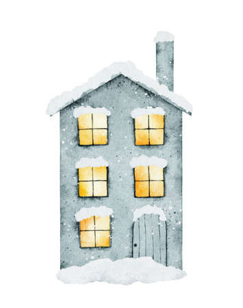 Watercolor Christmas snow-covered house isolated on white background. hand painted watercolor illustration.の写真素材