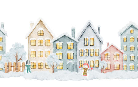 Seamless pattern with winter Christmas wtreet village city with trees and snowmen isolated on white background. hand drawn illustration.の写真素材