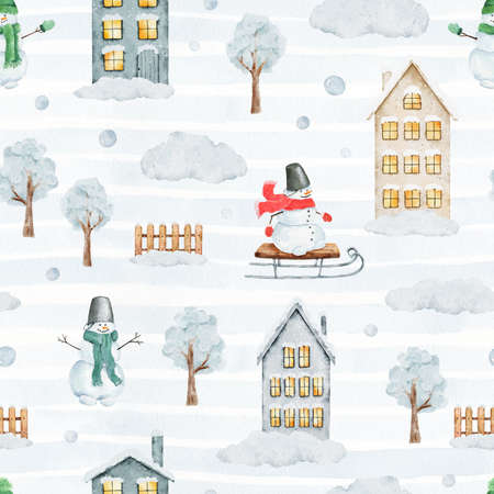 Watercolor Christmas pattern with winter houses, trees, snowmen and other christmas elements on striped background. Can be used for wrapping paper, textile, wallpaper, cards.の写真素材
