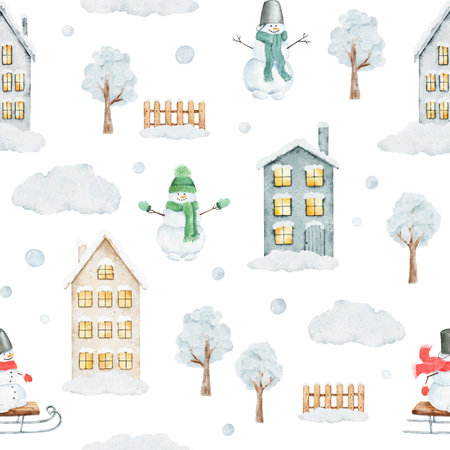 Watercolor Christmas pattern with winter houses, trees, snowmen and other christmas elements isolated on white background. Can be used for wrapping paper, textile, wallpaper, cards.の写真素材