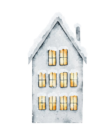 Watercolor snow-covered house isolated on white background. hand painted illustration.の写真素材