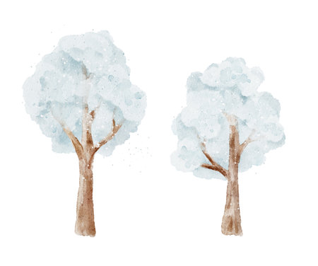 Two watercolor snow-covered trees isolated on white background. Festive clip art for design, print or Christmas invitations. hand drawn illustration.の写真素材