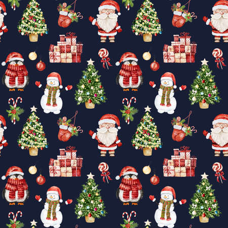 Watercolor Christmas pattern with Santa Claus, snowman, penguin and other christmas elements isolated on dark blue background. Can be used for wrapping paper, textile, wallpaper, cards.の写真素材