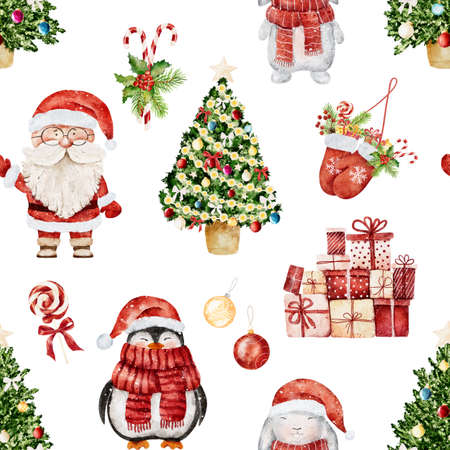 Watercolor Christmas pattern with Santa Claus, snowman, rabbit, penguin and other christmas elements isolated on white background. Can be used for wrapping paper, textile, wallpaper, cards.の写真素材