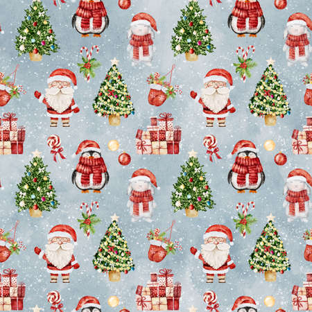 Watercolor Christmas pattern with Santa Claus, snowman, rabbit, penguin and other christmas elements on grey-blue background. Can be used for wrapping paper, textile, wallpaper, cards.の写真素材