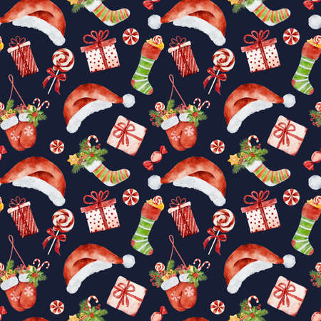 Seamless pattern with watercolor christmas gift boxes, mittens, christmas socks with presents and other elements isolated on dark blue background. Can be used for wrapping paper, textile, wallpaper, cards. Hand drawn watercolor illustration.の写真素材