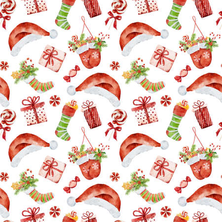Seamless pattern with watercolor christmas gift boxes, mittens, christmas socks with presents and other elements isolated on white background. Can be used for wrapping paper, textile, wallpaper, cards. Hand drawn watercolor illustration.の写真素材
