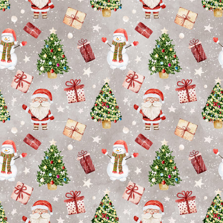 Watercolor Christmas pattern with Santa Claus, snowman, christmas tree and gift boxes on gray background. Can be used for wrapping paper, textile, wallpaper, cards.の写真素材
